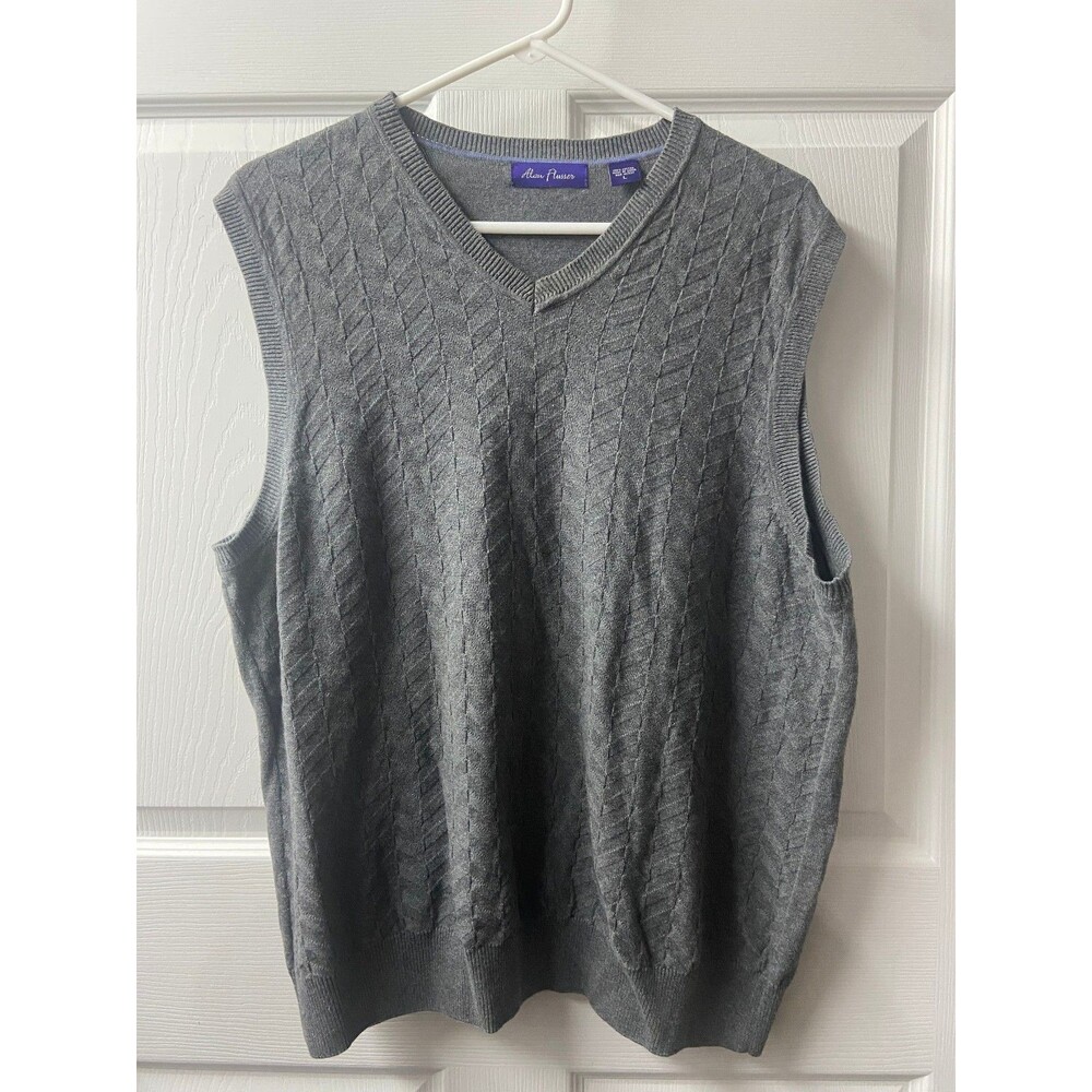 Alan Flusser Sweater Vest Mens Large Grey V Neck Sleveless Pullover Cotton